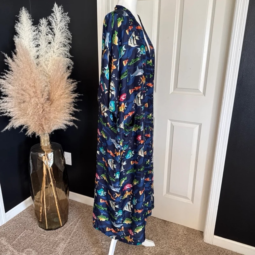 Vintage Whitby 100% SILK Fish Print Robe Kimono Swimsuit Coverup One Size - Picture 5 of 12